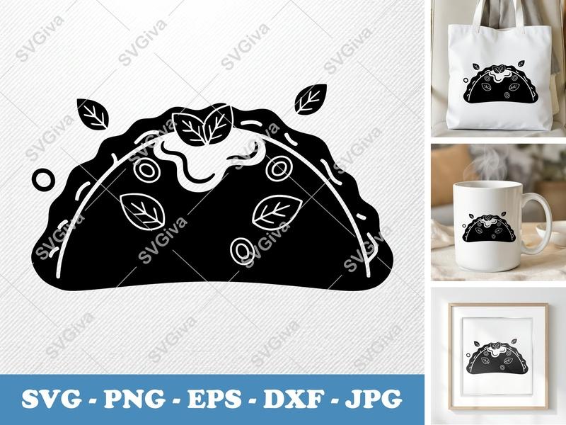 Calzone SVG, Modern Food Cut File, Outline Calzone with Leaves, PNG EPS DXF for Cricut & Silhouette, Kitchen Decor