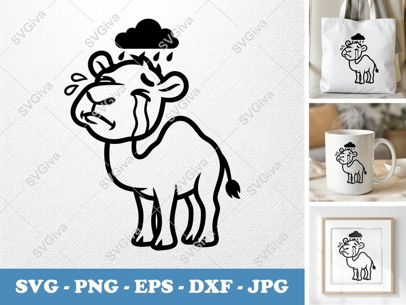 Camel Crying SVG | Sad Camel with Rain Cloud PNG EPS DXF | Cricut Silhouette Cut File | Funny Animal Vector