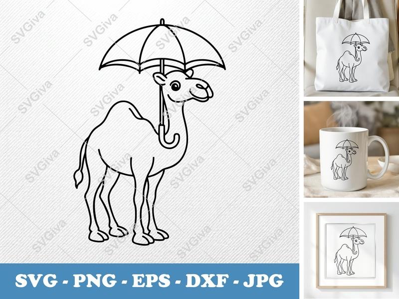 Camel holding umbrella SVG, Rounded Bean-Shaped Cut File | PNG DXF EPS | Cricut Silhouette Friendly Design