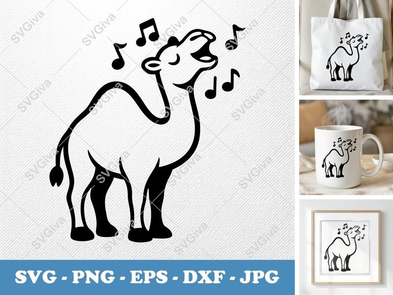 Camel Singing SVG | Funny Desert Animal PNG EPS DXF | Cricut Silhouette Cut File | Music Notes Clipart