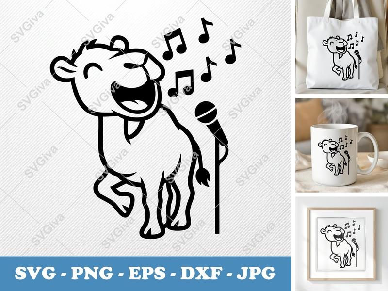 Camel Singing SVG, Happy Karaoke Camel with Microphone PNG EPS DXF | Cricut & Silhouette Cut File, Music Notes Clipart