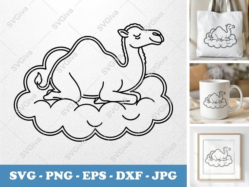 Camel Sitting on a Cloud SVG | Double-Outline Minimalist Design | PNG DXF EPS | Cricut Silhouette File