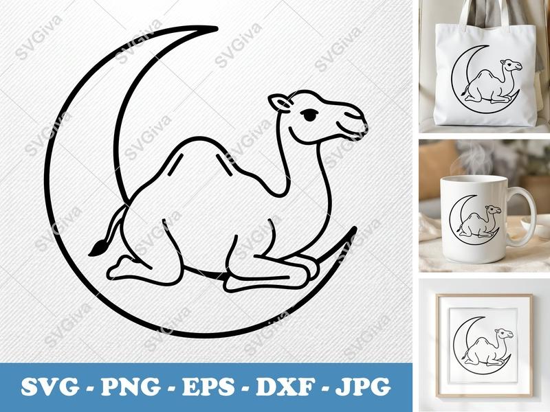 Camel Sitting on a Moon SVG | Minimalist Line Art | Bold Contour Design | PNG DXF EPS | Cricut Silhouette File
