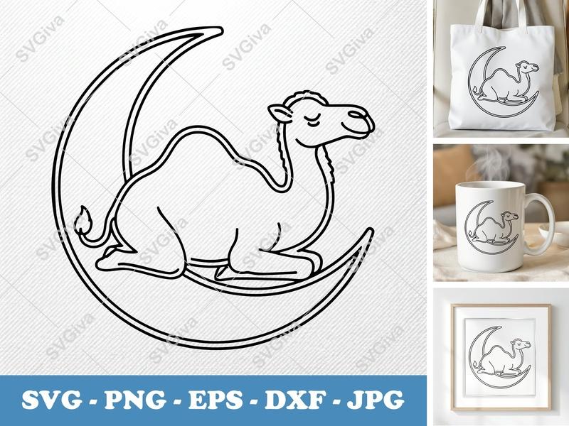 Camel Sitting on a Moon SVG | Outline Art, Minimalist Design | PNG DXF EPS | Cricut Silhouette File