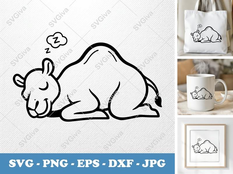 Camel Sleeping SVG | Cute Desert Animal PNG EPS DXF | Cricut Silhouette Cut File | Modern Cartoon Nap Design