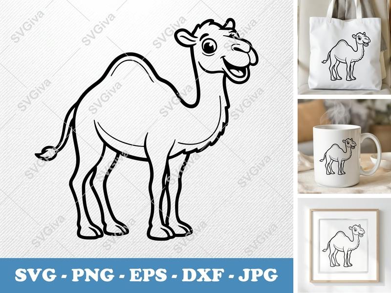 Camel Smiling Happily SVG | Double-Outline Cartoon Design | Thick & Thin Lines | PNG DXF EPS for Cricut Silhouette