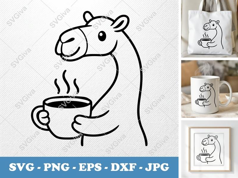 Camel SVG, Coffee Lover Animal Cut File, Modern Design PNG EPS DXF for Cricut & Silhouette, Cute Desert Creature