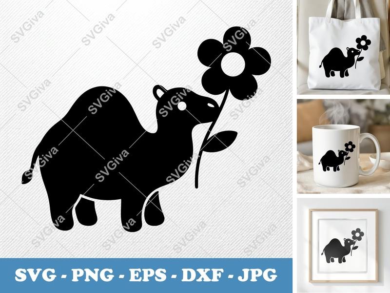 Camel SVG, Cute Flower Desert Animal Cut File | PNG EPS DXF for Cricut, Silhouette, Vinyl Decal, Kids Craft