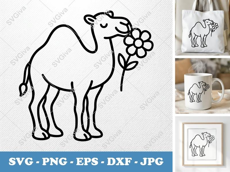 Camel SVG | Flower Outline, Desert Animal Clipart | PNG EPS DXF for Cricut, Silhouette | Modern Safari Vector Art
