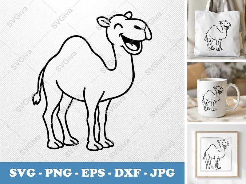 Camel SVG, Happy Smiling Cartoon Dromedary Cut File | PNG EPS DXF for Cricut & Silhouette, Desert Animal Clipart