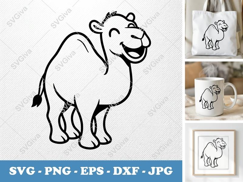 Camel SVG, Happy Smiling Cartoon Dromedary PNG EPS DXF | Cricut Silhouette Cut File, Modern Desert Animal Clipart