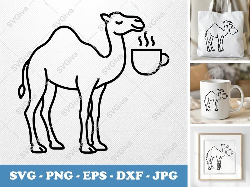 Camel SVG, Modern Coffee Cup Design, Outline Animal Clip Art, PNG EPS DXF for Cricut & Silhouette, Desert Safari Instant Download