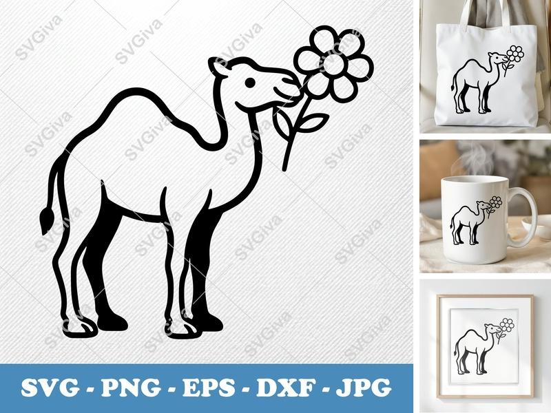 Camel SVG, Modern Desert Animal Cut File with Flower | PNG EPS DXF for Cricut & Silhouette, Cute Floral Design