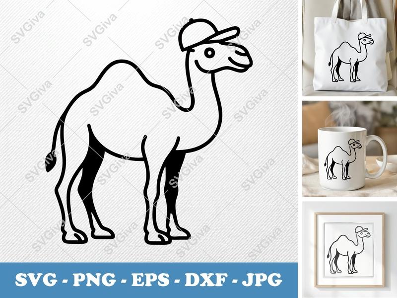 Camel SVG, Modern Desert Animal with Hat Cut File | PNG EPS DXF for Cricut & Silhouette, Funny Safari Clipart