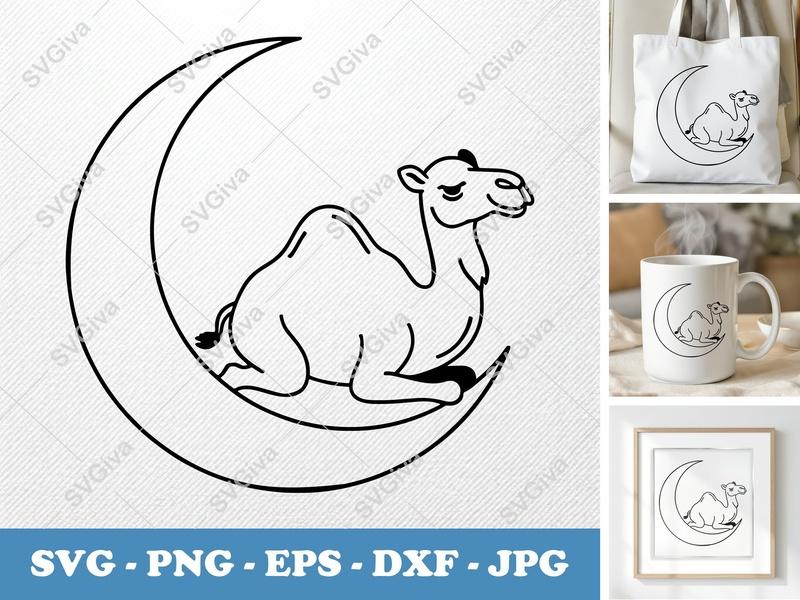 Camel SVG | Moon Crescent Outline | Desert Animal PNG EPS DXF for Cricut, Silhouette | Modern Safari Vector Art