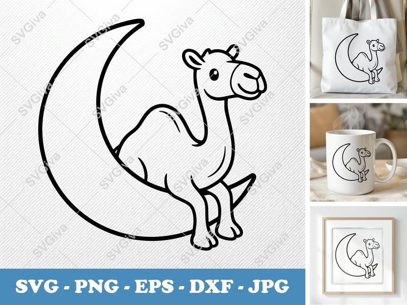 Camel SVG Sitting on Moon | Cute Desert Animal Outline | PNG EPS DXF | Cricut Silhouette Cut File