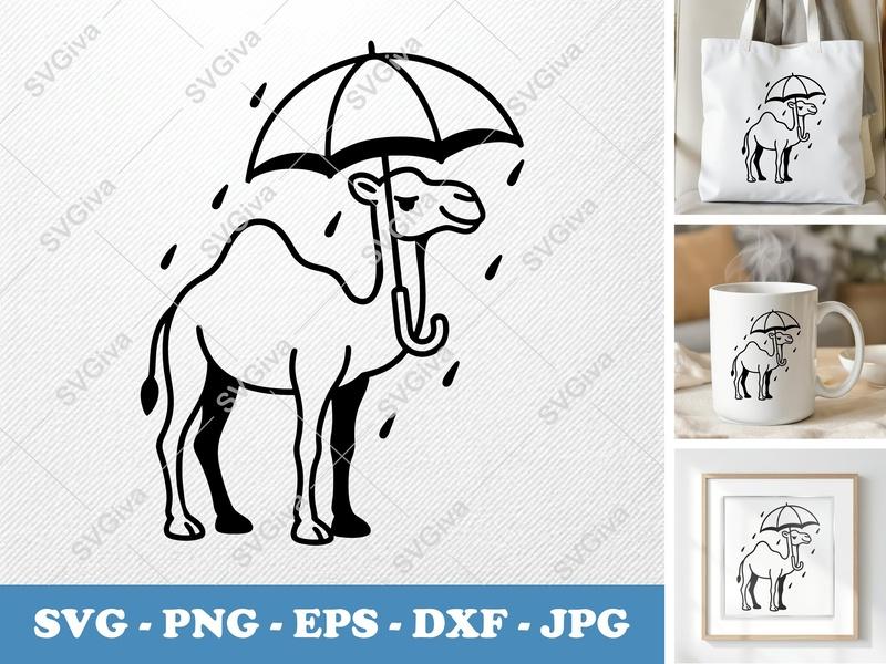 Camel SVG | Umbrella Rain Desert Animal Clipart | PNG EPS DXF | Cricut Silhouette Cut File Vector