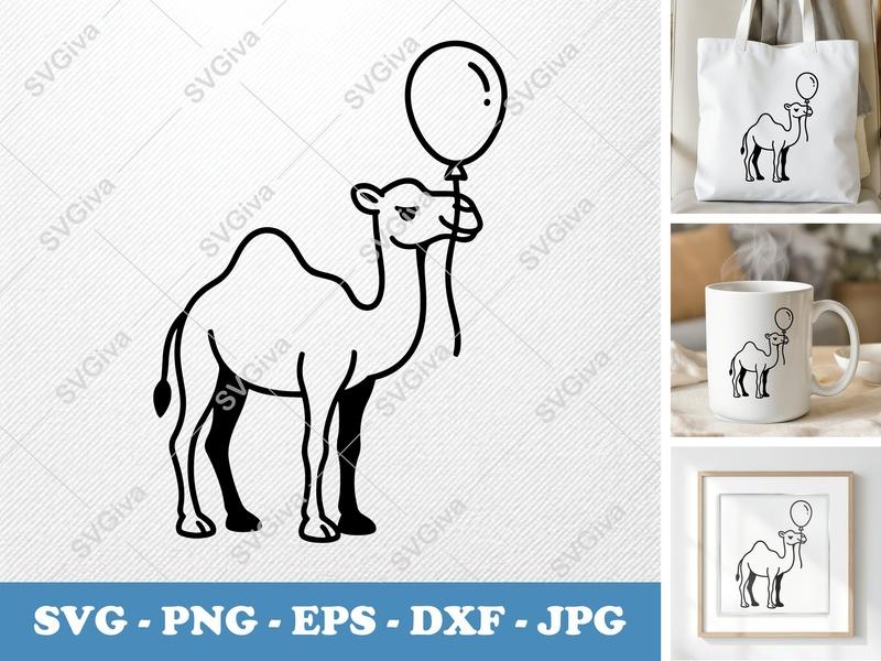 Camel SVG with Balloon | Modern Desert Animal Clipart | PNG EPS DXF for Cricut & Silhouette | Cute Safari Cut File