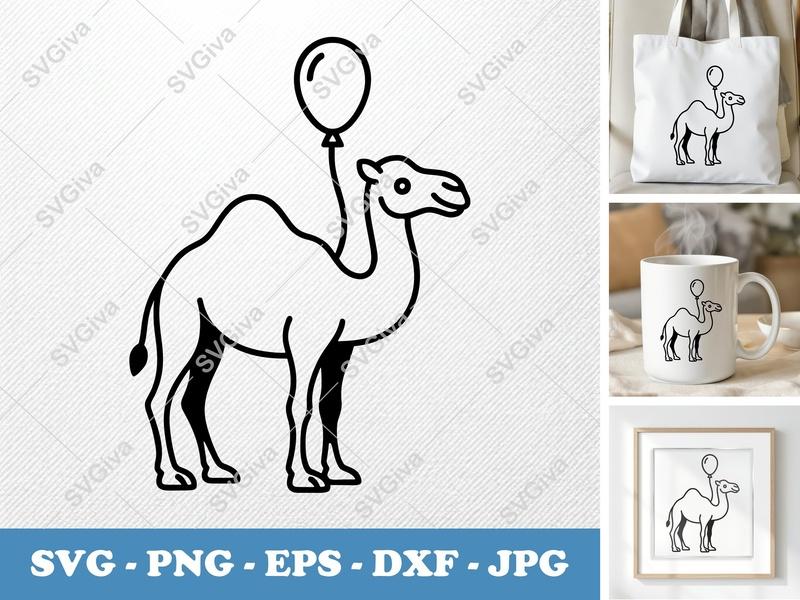 Camel SVG with Balloon, Modern Minimalist Design | PNG EPS DXF | Cricut Silhouette Cut File