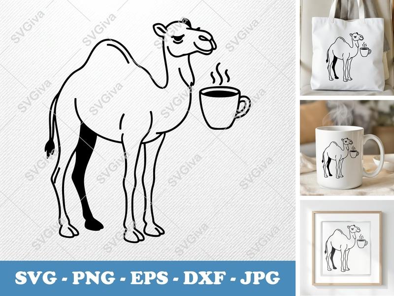 Camel SVG with Coffee Cup | Modern Desert Animal PNG EPS DXF for Cricut & Silhouette | Cute Beverage Drink Outline