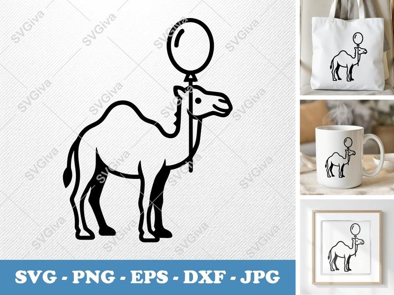 Camel with Balloon SVG | Minimalist Bold Contour Cut File for Cricut Silhouette | PNG DXF EPS