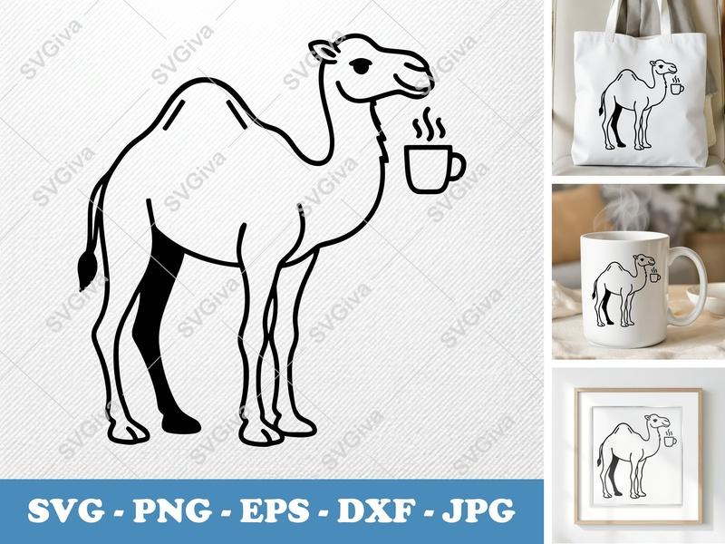 Camel with Coffee Cup SVG | Minimalist Line Art | Bold Contour Design | PNG DXF EPS | Cricut Silhouette File