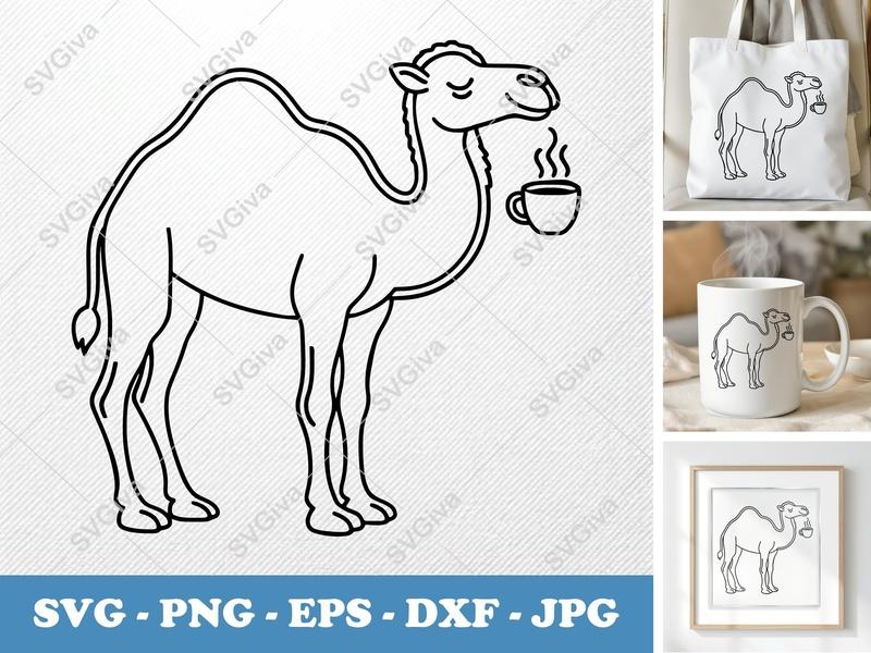 Camel with Coffee Cup SVG | Outline Art Cut File | Thick Contour Thin Lines | PNG DXF EPS for Cricut Silhouette
