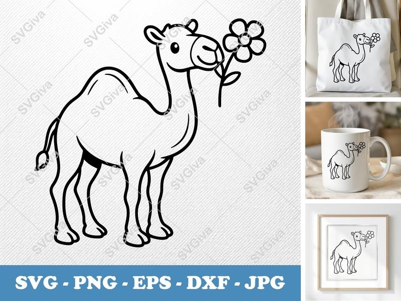 Camel with Flower SVG | Friendly Rounded Bean-shaped Form | PNG DXF EPS | Cricut Silhouette Cut File