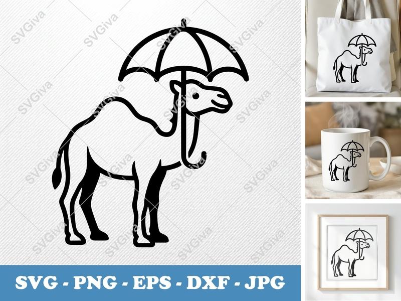 Camel with Umbrella SVG | Minimalist Bold Contour Cut File | PNG DXF EPS for Cricut & Silhouette
