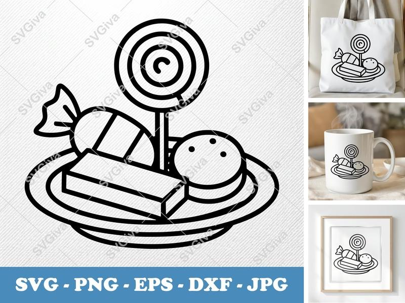 Candy on a Plate SVG | Minimalist Bold Contour | Lollipop, Wrapped Candy, Chewing Gum | PNG DXF EPS | Cricut Silhouette Cut File