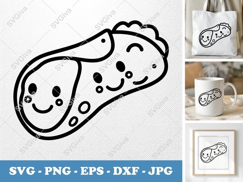 Cannoli with Smiling Face SVG, Minimalist Cartoon Food, Bold Outline PNG DXF EPS for Cricut Silhouette