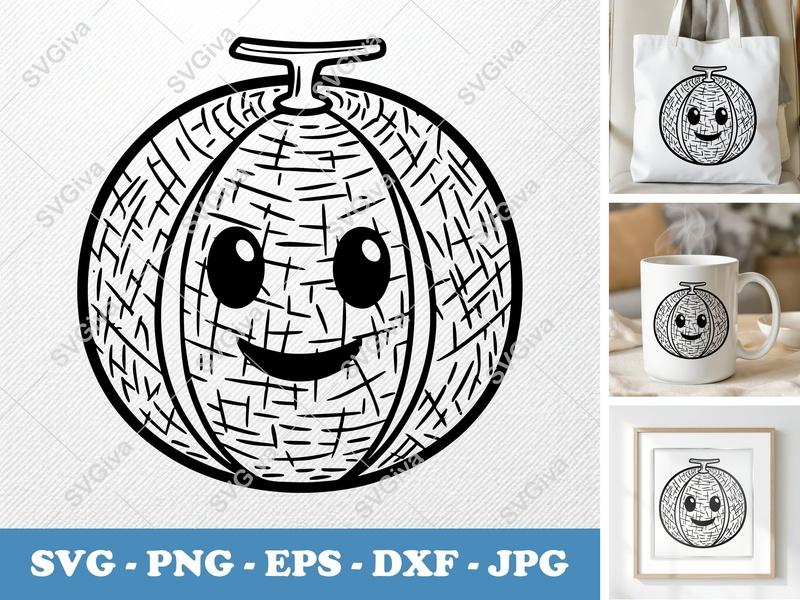 Cantaloupe Kawaii SVG, Cute Fruit PNG, Happy Melon EPS, DXF Cut File for Cricut & Silhouette, Cartoon Food Clipart
