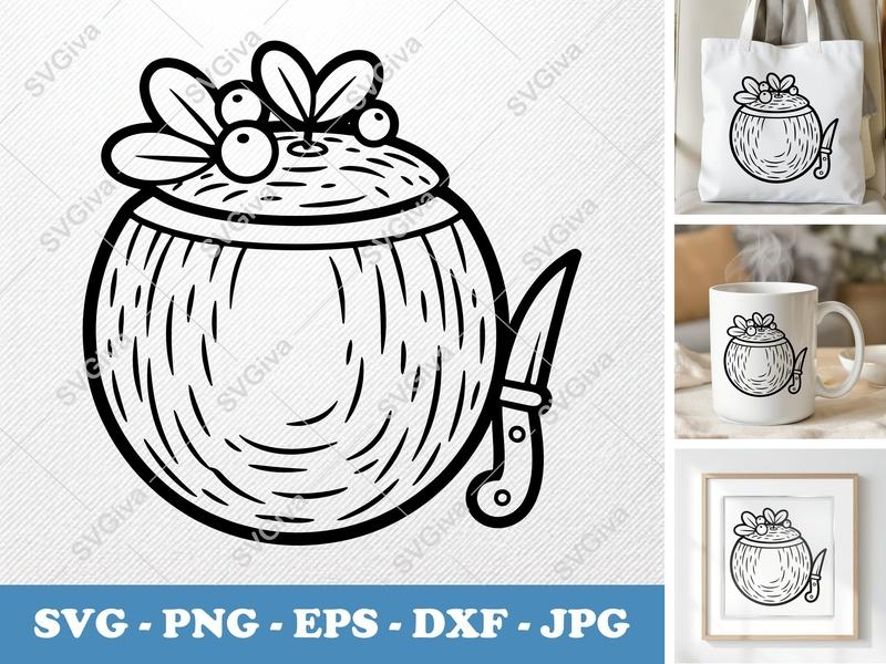 Cantaloupe SVG, Fruit Cut File, Modern Melon Design with Knife, Leaves & Berries | PNG EPS DXF for Cricut Silhouette