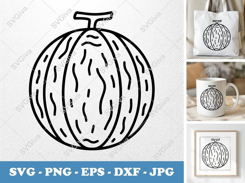 Cantaloupe SVG | Fruit Outline Cut File, Modern Melon Clipart, PNG EPS DXF for Cricut & Silhouette, Kitchen Decor
