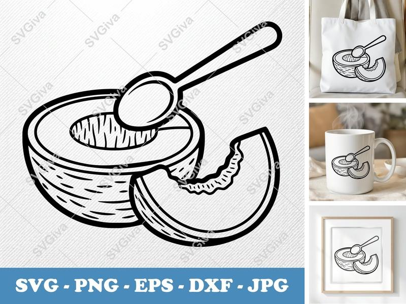 Cantaloupe SVG, Half Mellon with Spoon & Slice | Modern Fruit Cut File PNG EPS DXF for Cricut, Silhouette, Food Clip Art
