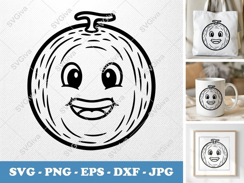 Cantaloupe SVG, Happy Fruit Face Cut File, Modern Cartoon Melon PNG EPS DXF for Cricut & Silhouette, Smile Food Vector
