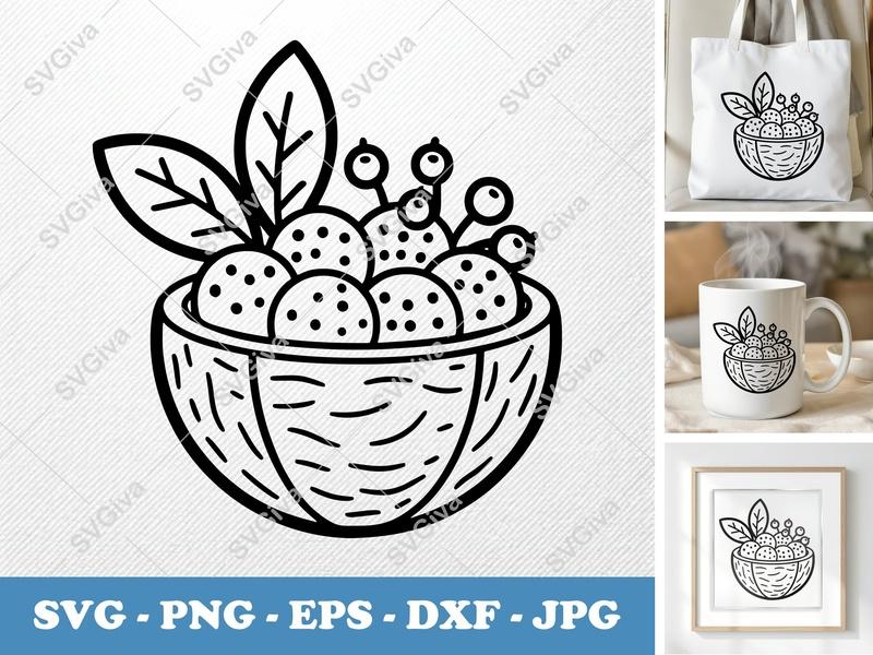 Cantaloupe SVG, Modern Fruit Bowl Cut File, Berries & Leaves | PNG EPS DXF for Cricut & Silhouette, Kitchen Decor, Fresh Fruit Clipart