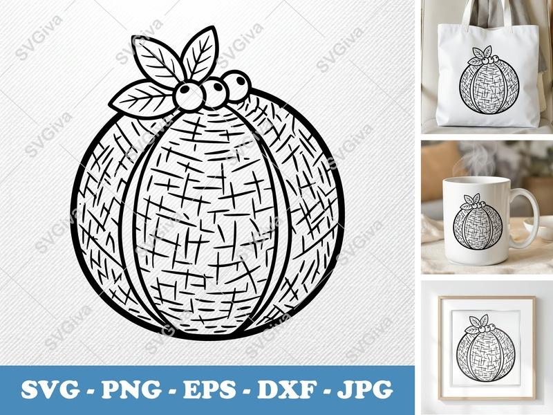 Cantaloupe SVG, Modern Fruit Design, Simple Melon, Leaves & Berries | PNG EPS DXF | Cricut Silhouette File