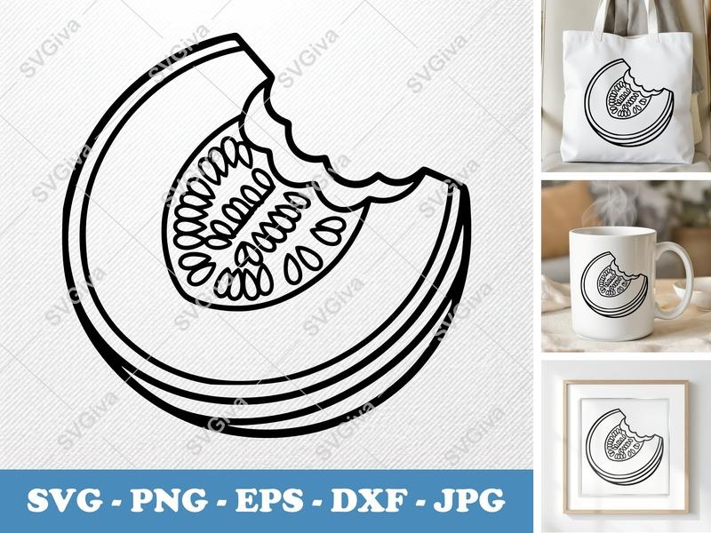 Cantaloupe SVG, Modern Slice with Bite, Fruit Outline, PNG EPS DXF, Cricut Silhouette Cut File, Summer Food Clipart