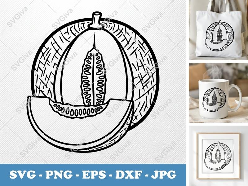 Cantaloupe SVG, Whole & Sliced Melon Design, Fruit Clipart, PNG EPS DXF, Cricut Silhouette Cut File, Modern Kitchen Decor
