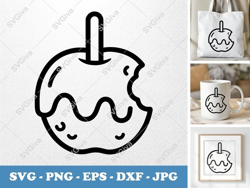 Caramel Apple SVG | Bitten, Outline, Modern | PNG EPS DXF | Cricut & Silhouette Cut File | Fall Dessert Fruit