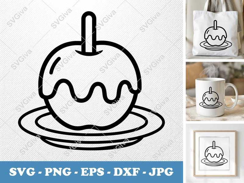 Caramel Apple SVG | Clean Outline Design, Plated Dessert | PNG EPS DXF for Cricut & Silhouette Food Cut File