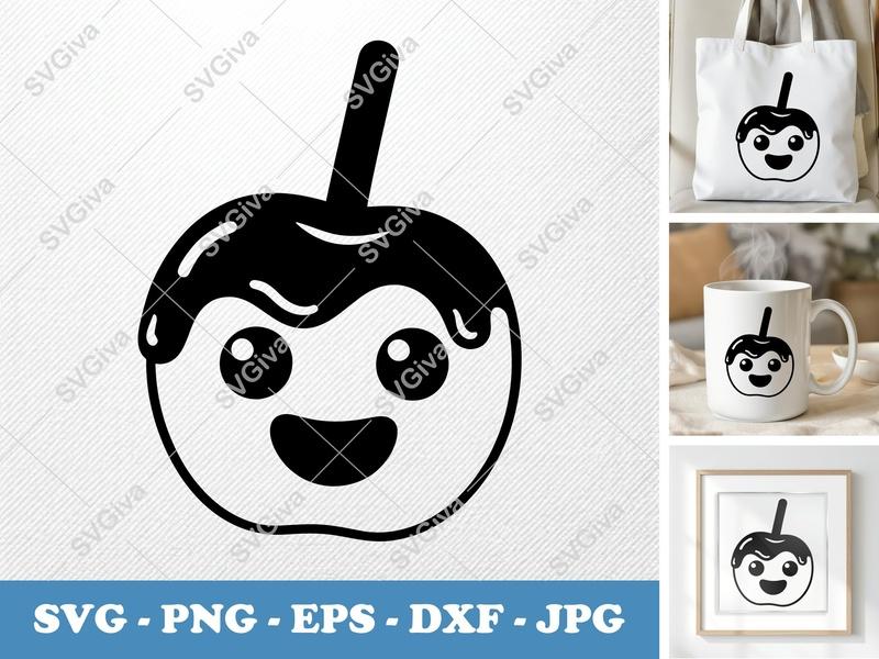 Caramel Apple SVG | Kawaii Happy Face Cut File | PNG EPS DXF for Cricut & Silhouette | Modern Snack Clip Art