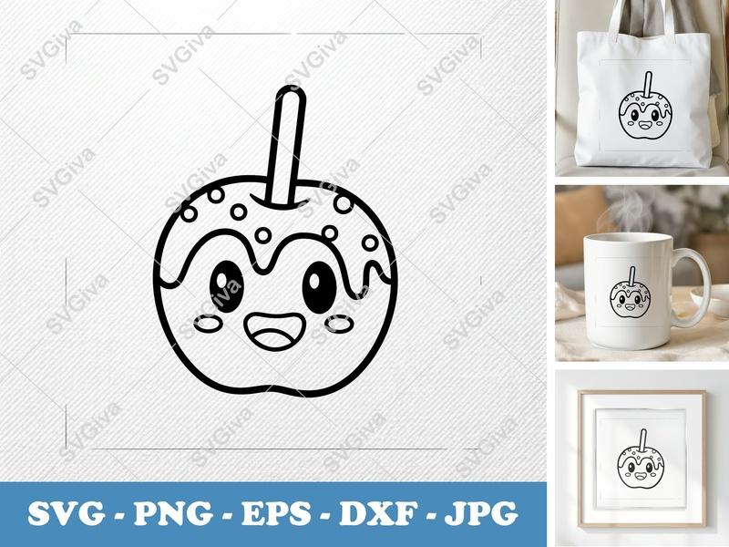 Caramel Apple SVG Kawaii Outline, Cute Apple Clipart, Fall Treat PNG EPS DXF for Cricut, Silhouette, Digital Download