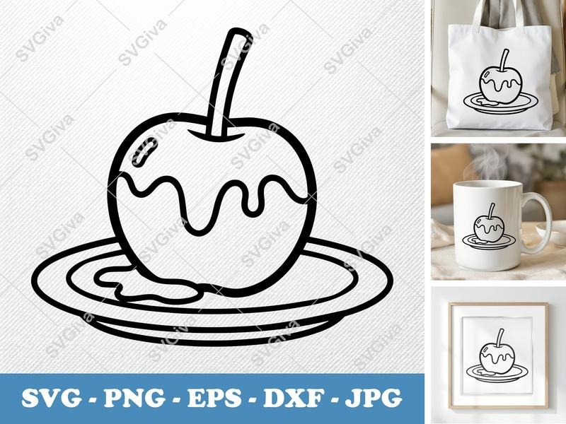 Caramel Apple SVG | Modern Line Art Cut File | PNG EPS DXF | Cricut Silhouette Design | Sweet Treat Clipart