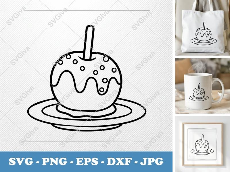 Caramel Apple SVG | Outlined Outline Line Art with Drizzle & Sprinkles | PNG EPS DXF for Cricut Silhouette Fall