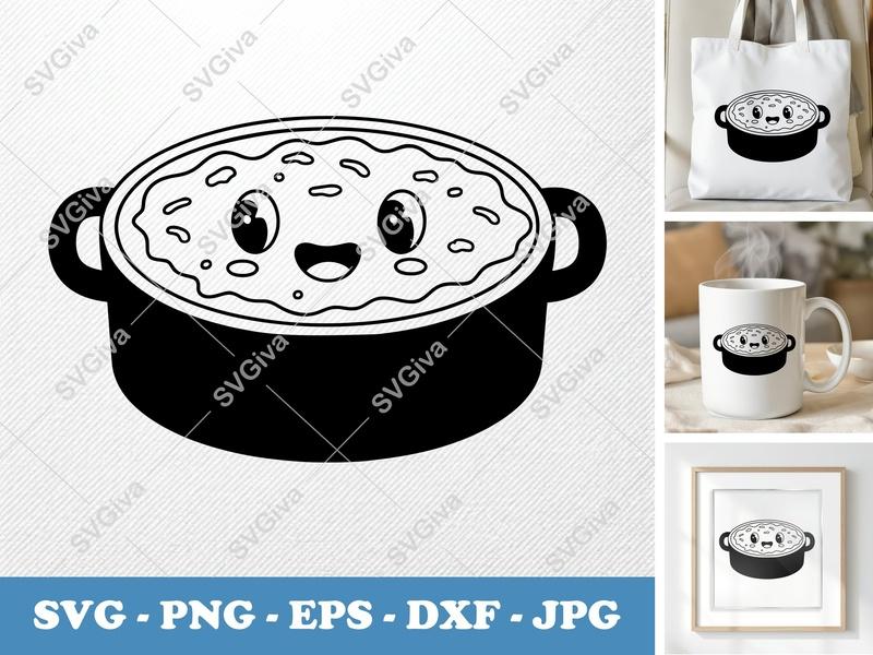 Casserole SVG, Kawaii Food Pot Design, Cute Face, Kitchen Cookware, PNG EPS DXF for Cricut & Silhouette