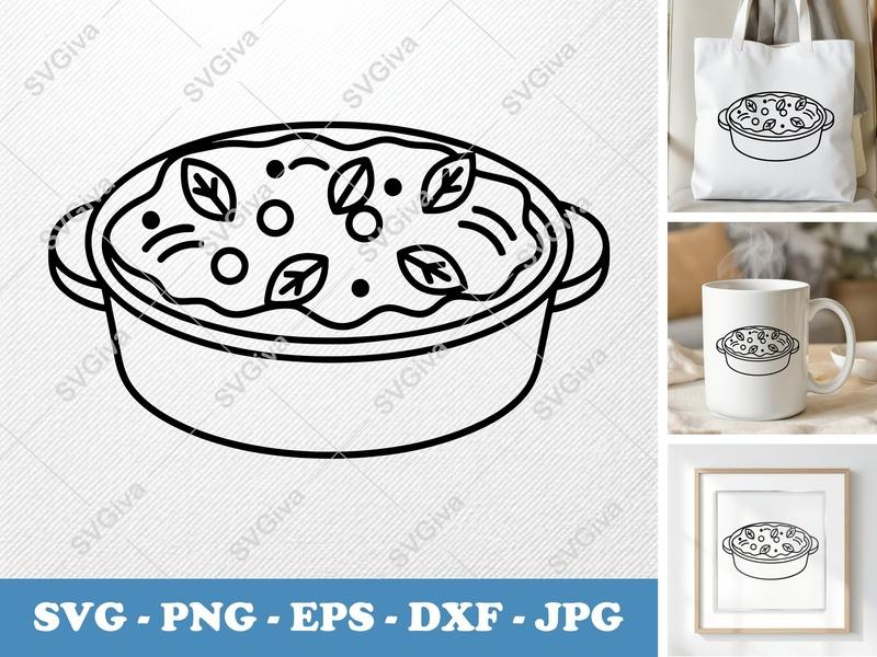Casserole SVG | Modern Clean Design, Food Outline, Leaves, Dots | PNG EPS DXF for Cricut Silhouette Kitchen Decor