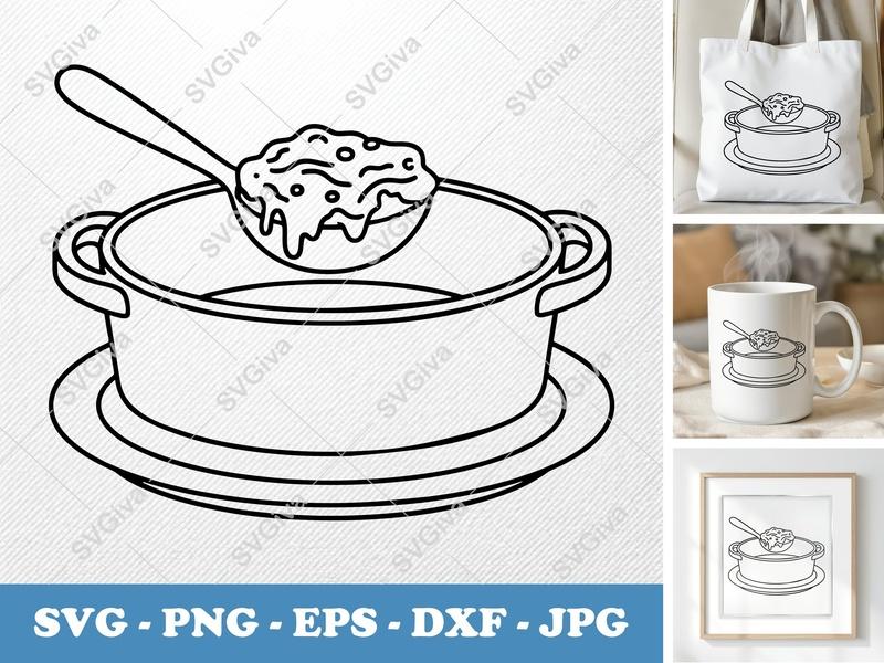 Casserole SVG | Modern Clean Design with Ladle | Food Pot Outline PNG EPS DXF for Cricut & Silhouette