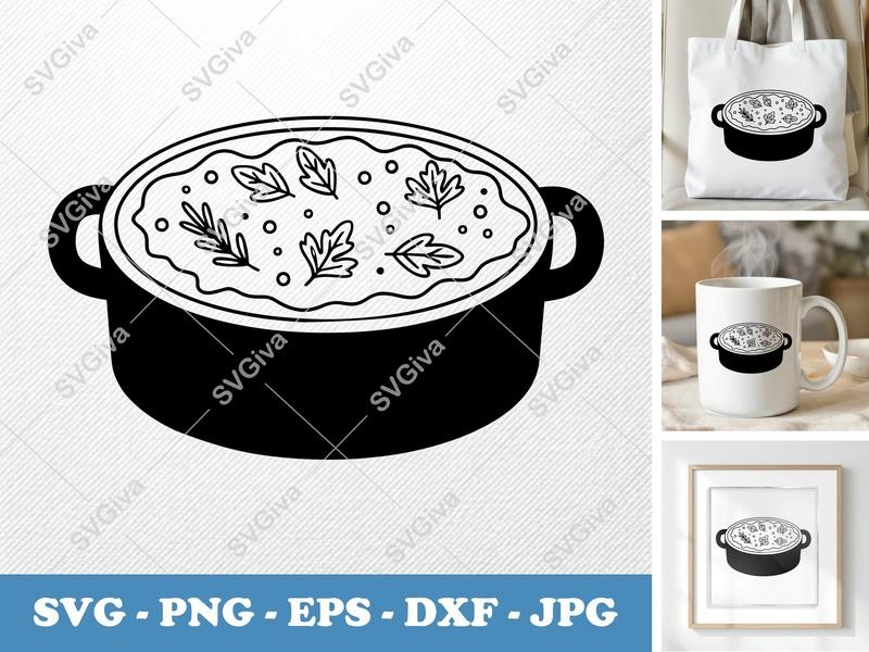 Casserole SVG | Modern Clean Food Dish with Herbs | PNG EPS DXF | Cricut Silhouette Cut File Kitchen Decal